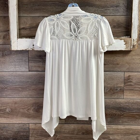 ING Ladies White Lace Trim Rayon Short Sleeve Asymmetrical Cardigan Size Small - Picture 5 of 8